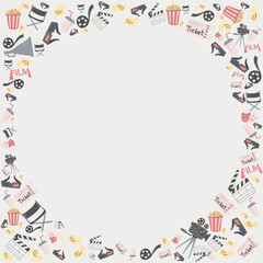 Vector illustration of round frame with movie cinema attributes equipment and copy-space in the middle. World cinema day cinemas design card poster concept.