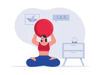 Woman doing exercise using gym ball. Exercise flat vector illustration
