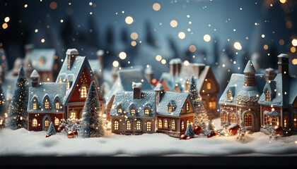 Winter scene with Christmas table in the background Christmas village on a snowy night in vintage style. Holidays background with illuminated Christmas trees. Winter Village Landscape. ai ganerated
