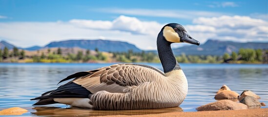 A Canada goose resting on the coast of Watson Lake in Arizona from a side perspective