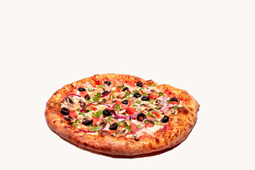 Supreme. deluxe pizza on a white background with area for personal message