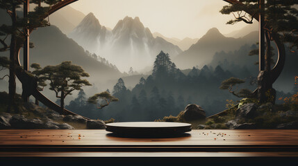 A Circular base platform in the style of chinese minimalist style - obrazy, fototapety, plakaty
