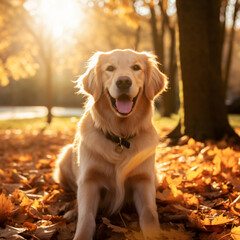 Golden retriever, photography, golden, furry, playful, in a park with autumn leaves, joyful, soft afternoon light, warm golds and browns Generative AI	