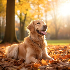 Golden retriever, photography, golden, furry, playful, in a park with autumn leaves, joyful, soft afternoon light, warm golds and browns Generative AI	