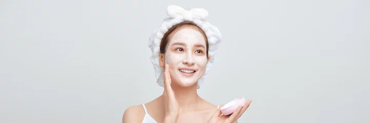 Papier Peint photo Spa Beautiful woman with cosmetic mud facial procedure, spa health concept, banner