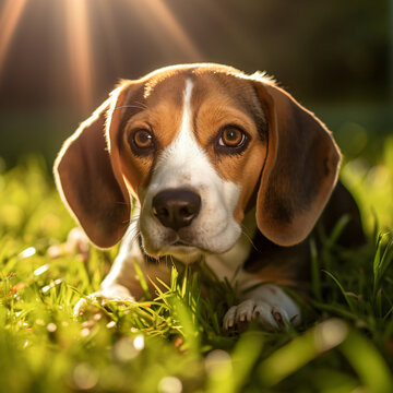 Beagle, photography, tricolor, floppy-eared, curious, in a grassy backyard, playful, gentle morning sunlight, rich browns and greens Generative AI