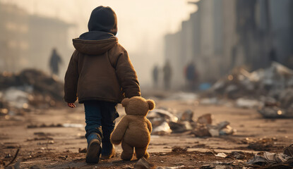 a young boy is holding a teddy bear, humanity's struggle,  victims of earthquakes, wars, and natural disasters - obrazy, fototapety, plakaty