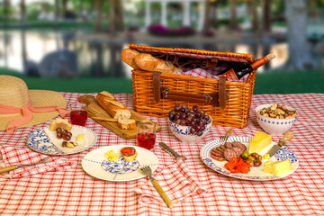 Picnic basket with tablecloth and accessories outdoor