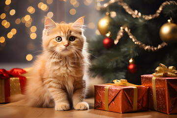 Fototapeta premium CAT laying next to a christmas tree with gifts ai generative