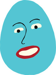 Funny strange blue egg with face. Cute quirky comic Easter egg