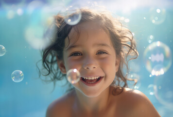 Fototapeta na wymiar baby smiling in the pool with bubbles
