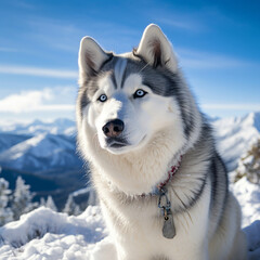 Fototapeta premium Husky, photography, blue-eyed, fluffy, majestic, on a snowy mountain trail, adventurous, bright midday light, cool whites and grays Generative AI