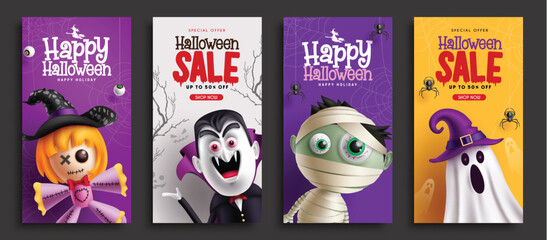 Halloween sale vector poster set design. Happy halloween greeting text with cute characters in postcard lay out collection. Vector illustration holiday season tags lay out.
