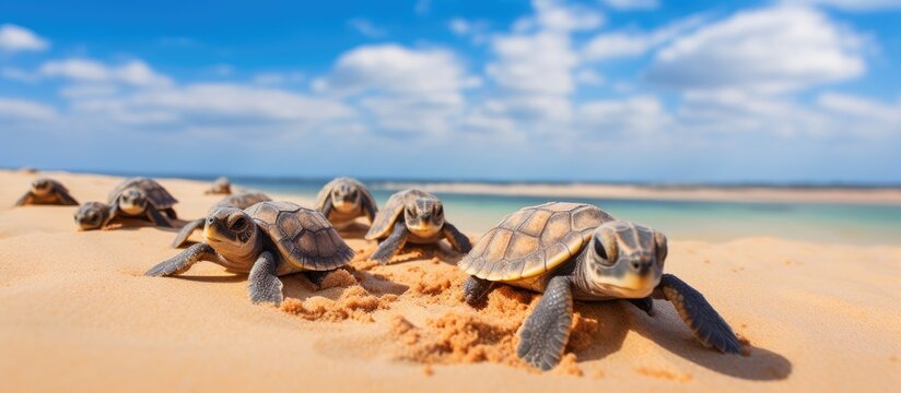 Large number of baby turtles emerge from nest making their way to the sea Enchanting and adorable wildlife sight at Ningaloo National Park in Exmouth Western Australia