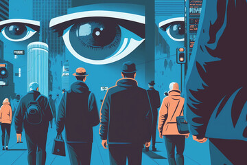 Dystopian Cityscape Surveillance with Omnipresent Eyes Watching People
