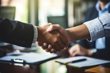 Firm Business Handshake Represents Partnership, Trust, and Securing Beneficial Agreements Through Professional Relationships - obrazy, fototapety, plakaty