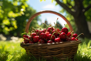 Fototapeta na wymiar Photorealism of close-up of fresh cherries in a basket in field of green plants with cherry trees background