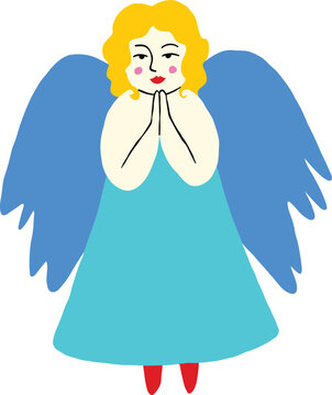 retro illustration of angel girl with wings. Hand drawn cartoon character in doodle style