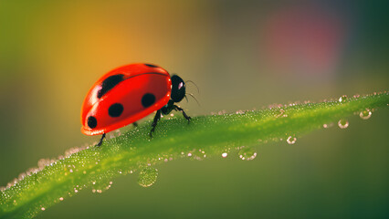 Fototapeta premium Ladybirds on a leaf. A macro portrait of a red ladybug or coccinellidae with black spots, walking towards the edge of a green leaf. The insect is very useful in a garden. AI Generated