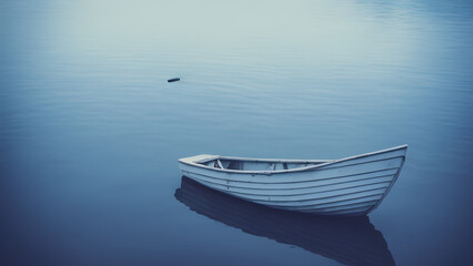 Naklejka premium Analog style boat in a lake. Tranquil Waters. A Solitary Journey on a Blue Lake. Generative AI