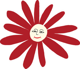 Lovely red flower witch cool face. Modern hand drawn cartoon illustration of flower in doodle style