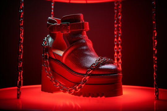 A woman's red platform shoes with a gold chain in indirect Luxury Femdom Shoes lighting