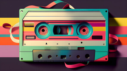 Colorful analog cassette tape illustration. Retro-Styled Technology. Generative AI Art