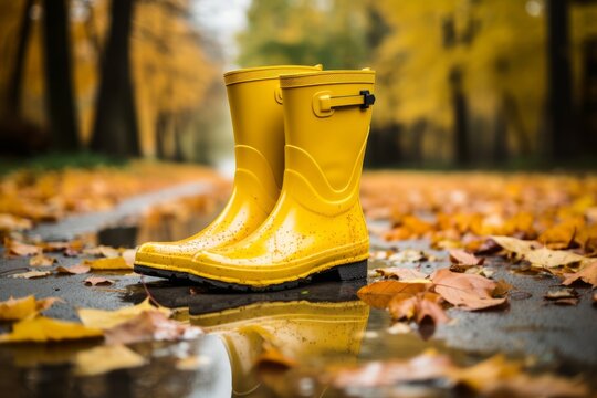 Yellow rain boots in a puddle in autumn with leaves on the ground Rubber Wellies Generative Ai