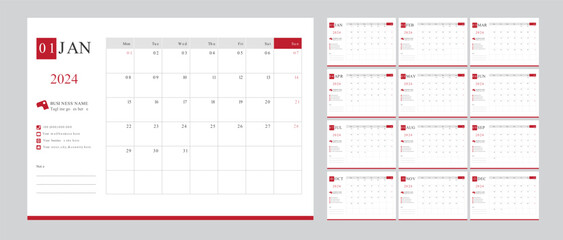 Desk monthly calendar template for 2024 year for business in a minimalist style