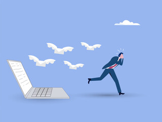 Obraz premium Email overload too many junk mails that reduce efficiency and productivity in work and time management concept, businessman office guy run away from overload flying mail letter from computer laptop.