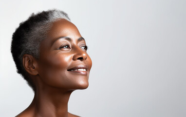 Mature senior black african american dark-skinned woman with beauty and healthy face skin portrait isolated on white background - obrazy, fototapety, plakaty