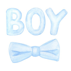 Blue bowtie ribbon, word boy. Hand drawn watercolor illustration isolated on white background. Gender reveal party, baby shower, children's design