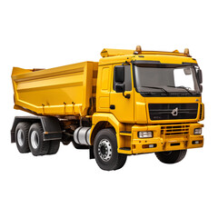Yellow dump truck on transparent background PNG. Construction material transportation concept.