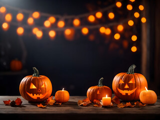carved halloween pumpkins on a table, bokeh glowing background, copy space
