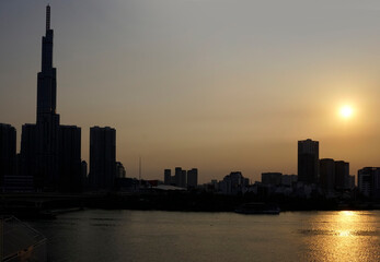 Background of shadow of buildings in Ho Chi Minh city during a golden sunset evening