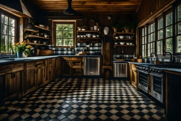 Obraz na płótnie Canvas Country Kitchen with Checkered Floors