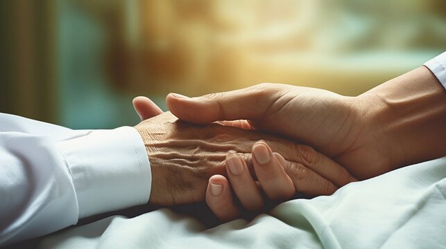 An image featuring the caring hands of a healthcare professional tending to a patient, with space for text to emphasize the compassionate aspect of healthcare. AI generated