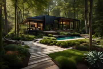 A woodland-inspired home lawn with shade-loving plants and a meandering path.
