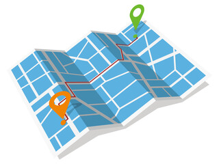 出発地と目的地のアクセスルートをマーカーが示す地図　斜め　ベクターイラストレーション