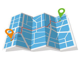 出発地と目的地のアクセスルートをマーカーが示す地図　正面　ベクターイラストレーション