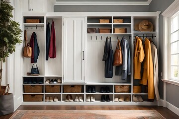 A mudroom with storage for coats, shoes, and bags.