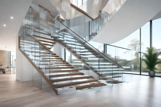 A contemporary staircase with glass balustrades.