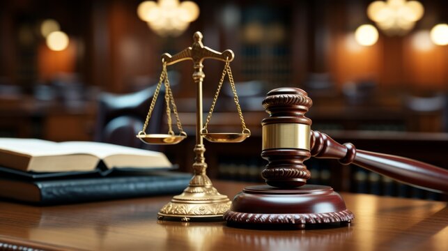 Close-up shot of the gavel on the judge's desk symbolizing court trials, justice, and legal decisions in the courtroom. The gavel and scales of justice representing law and justice concepts