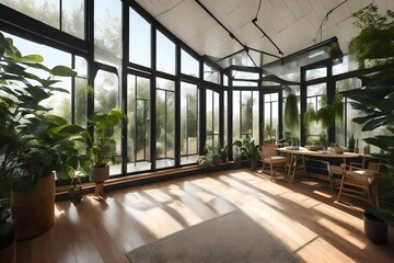 A sunroom with large windows and indoor plants.