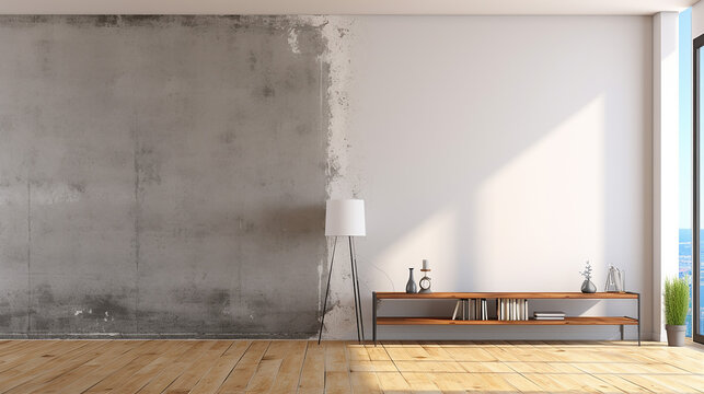 Modern grey interior before and after repairs with modern style. Generative AI