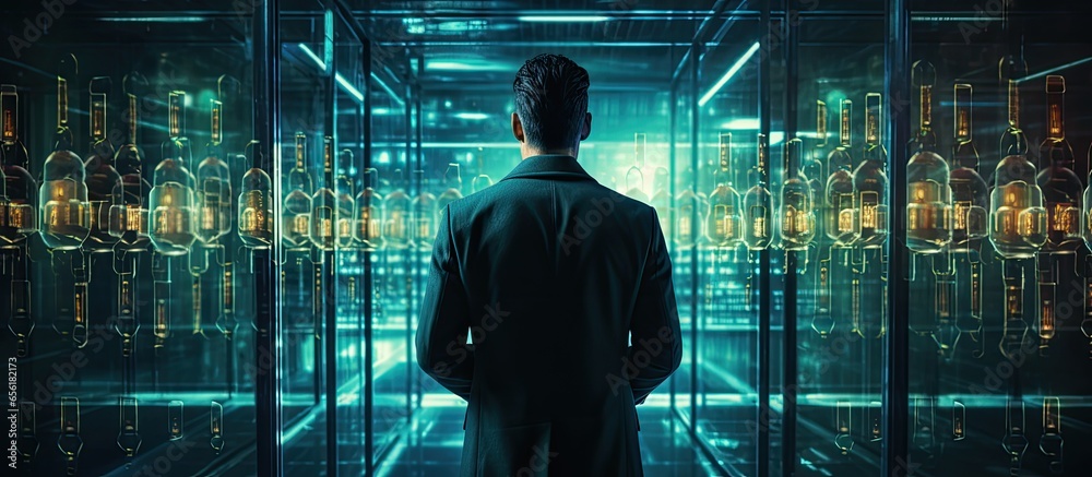 Poster businessman securing personal data on virtual screen interfaces and ensuring internet network securi
