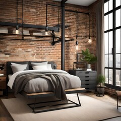 modern industrial bedroom with  brick and metal accents.