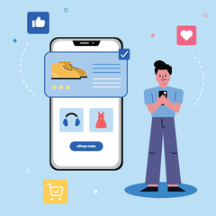vector illustrator, man, shopping, mobile phone, product screen, digital art, online shopping, e-commerce, technology, digital illustration, smartphone, retail therapy, consumerism, internet purchase,