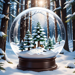A magical snow globe with a snowy forest