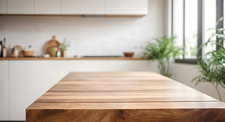 Wooden light empty table top in modern white kitchen and blurred background